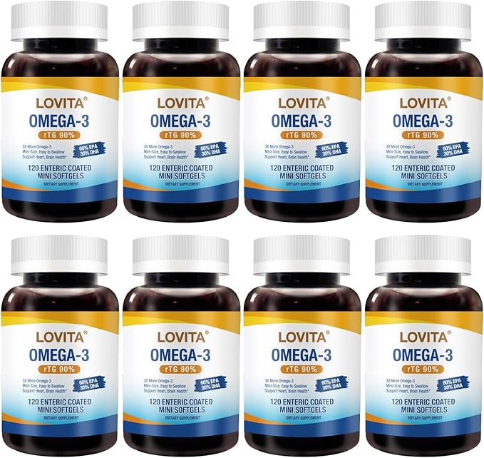 LOVITA 8-Pack Fish Oil Value Bundle - 960 Mini Softgels Total 2000mg rTG Omega-3 Burpless Enteric-Coated for Brain &amp Eye Health
