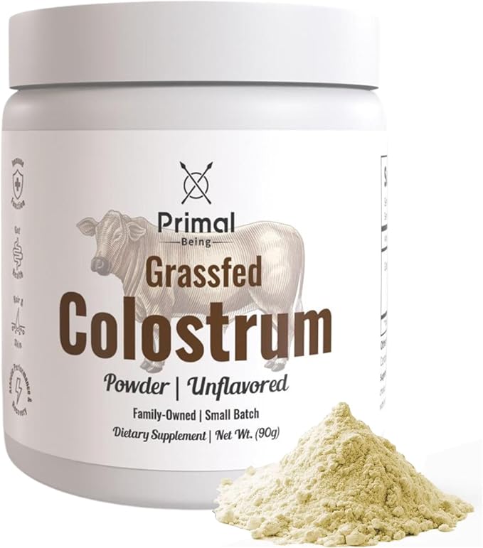Primal Being Grassfed Beef Colostrum - Supports Immune Function Gut Health Hair Anti-Aging Athletic Performance Recovery - 90 Grams unflavored Powder 3000 mg per Serving