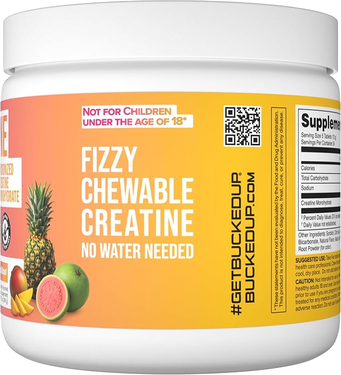 Bucked Up Creatine Candy Tropical Blast | Micronized Creatine Monohydrate | 120 Chewable Tablets 24 Servings | Fizzy Creatine No Water Needed | Non GMO Gluten Free Third Party Tested