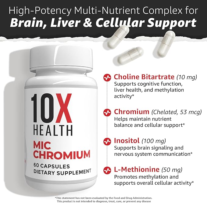 10X Health MIC Chromium Supplements - 60 Capsules - Contains Choline Inositol &amp L Methionine - Mineral Supplements for Daily Nutritional Support - Chromium L-Methionine Choline Supplements