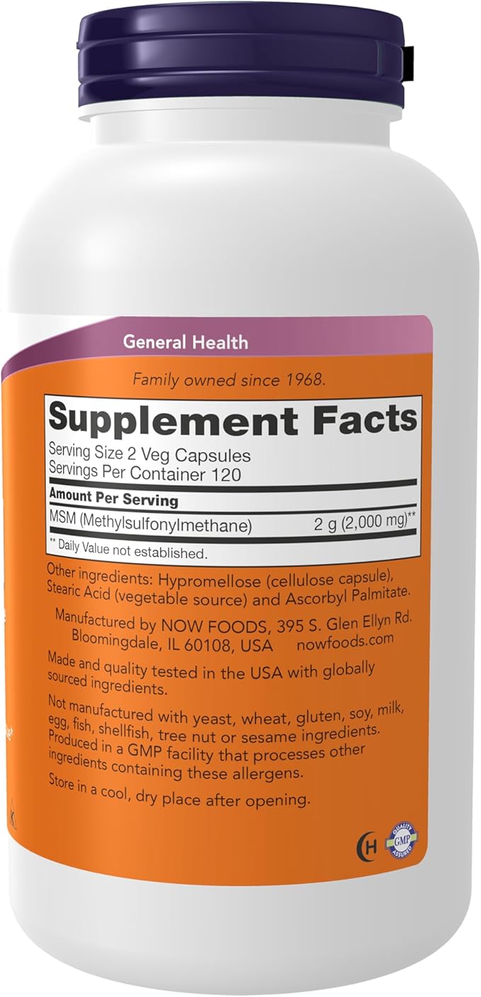 NOW Supplements MSM (Methylsulfonylmethane) 1000 mg Joint Health* 240 Veg Capsules