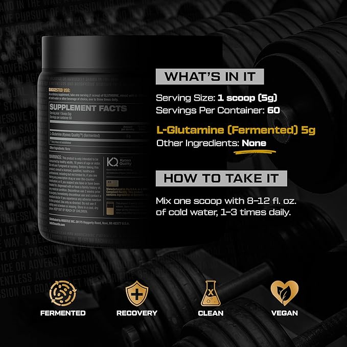 HOSSTILE Glutamine Fermented L Glutamine Powder for Men &amp Women Enhance Muscle Recovery Support Protein Synthesis Post Workout Recovery Drink Unflavored 60 Servings