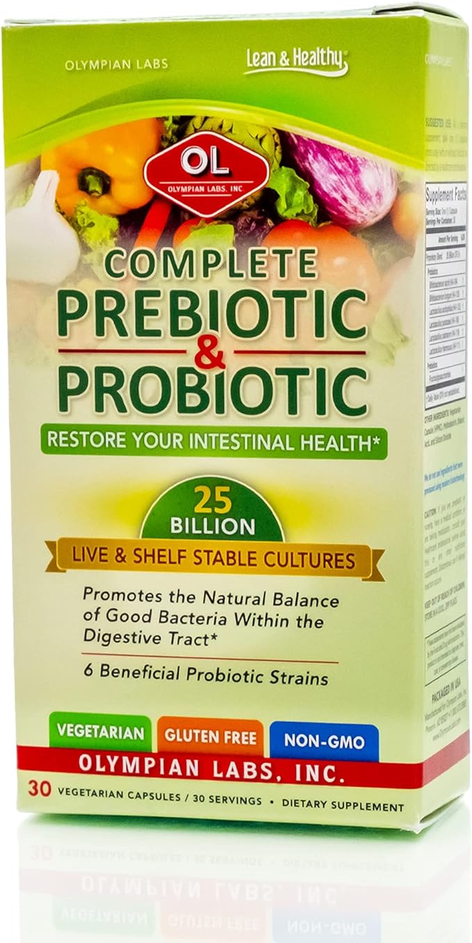 Olympian Labs Complete Prebiotic and Probiotic Supplement - 25 Billion Live Shelf Stable Cultures - 30 Vegetarian Capsules Helps Restore the Natural Balance Within the Digestive Tract.