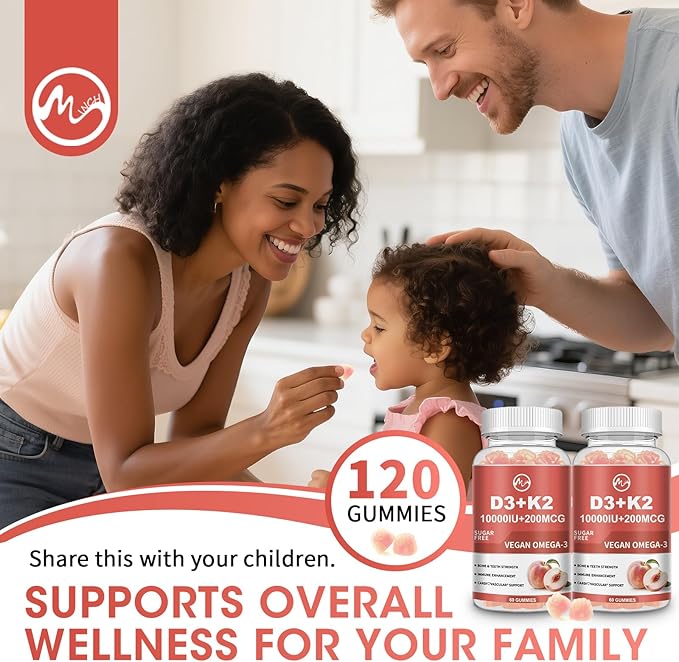 M inch Vitamin D3 K2 Gummies Vitamin D3 10000IU K2 (MK-7) 200mcg 6-in-1 Vitamina D3 Con K2 Supplement with Omega-3 Magnesium and Calcium for Bones Teeth &amp Immune Support Sugar Free 2 Packs