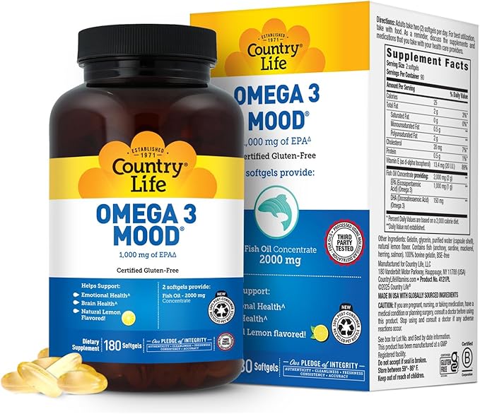Country Life Omega 3 Fish Oil Supplement - High Concentration EPA and DHA Omega 3 Fatty Acids - 2000mg Fish Oil for Emotional Health Mood Support and No Fish Taste - Natural Lemon Flavor