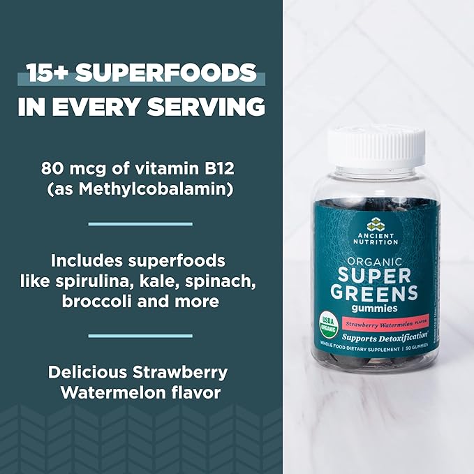 Ancient Nutrition Supergreens Gummy Organic Superfood Gummy Made from Real Fruits Vegetables and Herbs for Digestive and Energy Support 100 Count Strawberry Watermelon