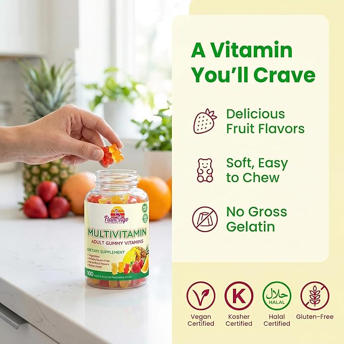 Flamingo Supplements Multivitamin Gummies | Vegan Friendly Kosher Halal NO Gluten or Gelatin no GMO| for Men Women &amp Kids| 3 Natural Flavors | Vitamins C B3 B12 Biotin Zinc &amp More| 100