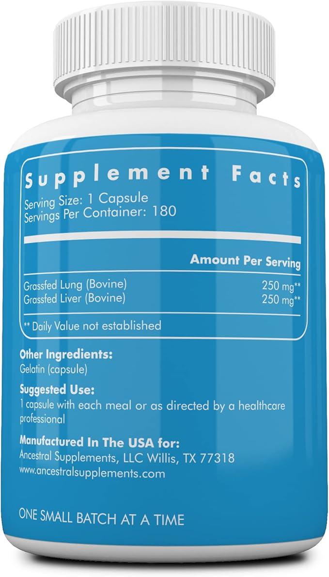 Ancestral Supplements Grass Fed Beef Lung Supplement with Liver 500mg Lung and Liver Supplement Supports Lung Respiratory Vascular and Circulatory Health Non-GMO 180 Capsules