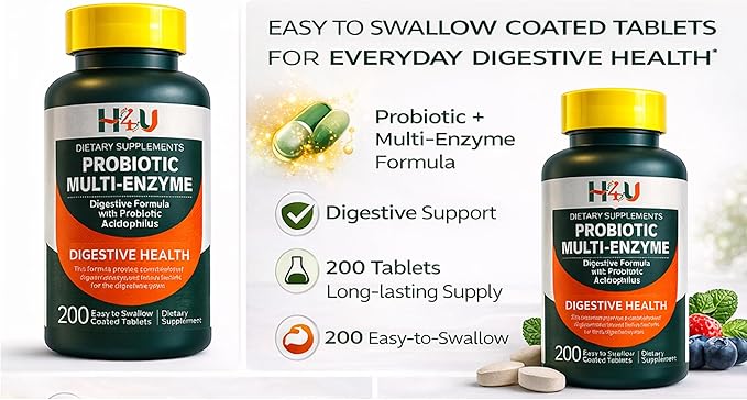 H4U Probiotic Multi-Enzyme Digestive Enzymes Formula with Acidophilus Tablets for Digestive Health &amp Gut Support Dietary Supplement 200 Count
