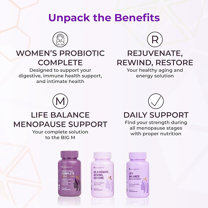 Youngevity Hope Bundle – Menopause &amp Cellular Health Support System | Women’s Probiotic Complete + Rejuvenate Rewind Restore + Life Balance Menopause Support | Gluten-Free