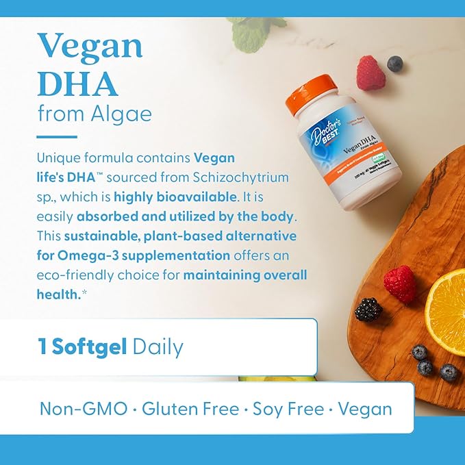 Doctors Best Vegan DHA from Algae - Vegan Plant Based Omega 3 Supplement for Women &amp Men Supports Memory Brain &amp Cardiovascular Health Non-GMO Gluten Free Soy Free - 60 Veggie Softgels
