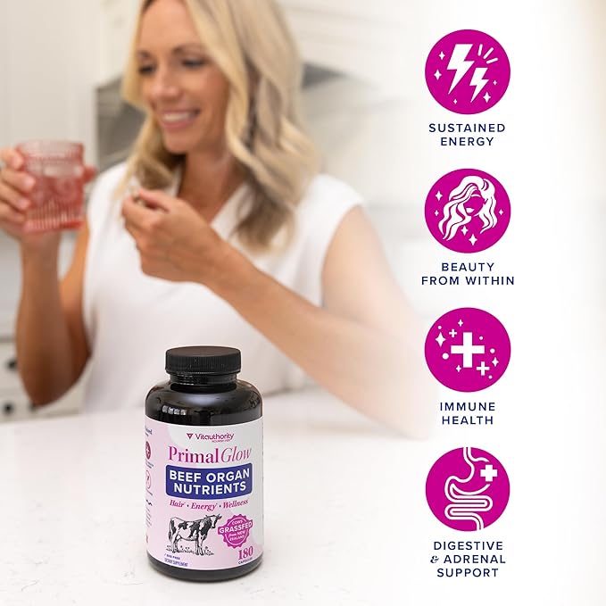 Beef Organ Supplement for Women | Grass-Fed Pasture-Raised New Zealand Bovine | 7 Organ Extracts with Liver Heart Kidney Bone Marrow &amp More Energy Digestion &amp Skin Support Primal Glow 30