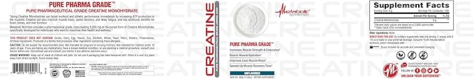 Metabolic Nutrition Creatine Monohydrate Powder 5g Unflavored for Men &amp Women - Gym Workout Nutritional Supplements for Muscle Gain Brain Health &amp Strength Building 500g