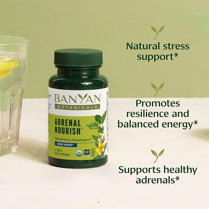 Banyan Botanicals Organic Adrenal Nourish - Cortisol Support &amp Stress Relief Supplement - Natural Energy &amp Fatigue Support with Ashwagandha &amp Adaptogens - 90 Tablets - Non-GMO Vegan*