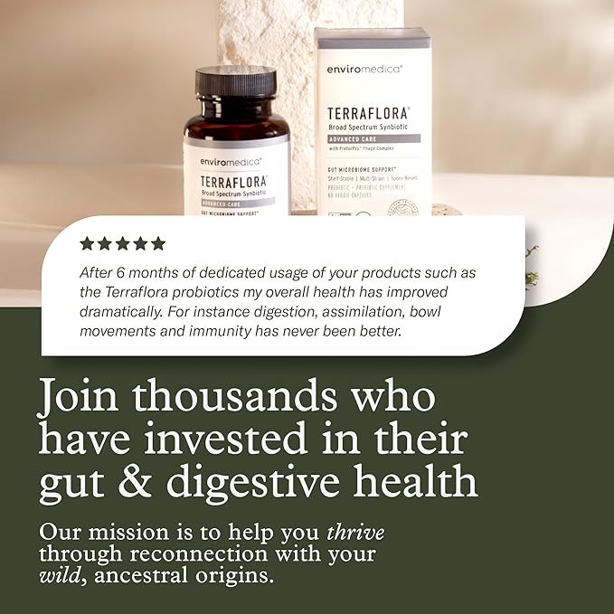 Terraflora Advanced Care Synbiotic - SBO Probiotic and Prebiotic Digestive &amp Gut Health Soil Based Spore Pre and Probiotics for Women and Men with Bacillus Coagulans Subtilis Vegan - 60 Capsul