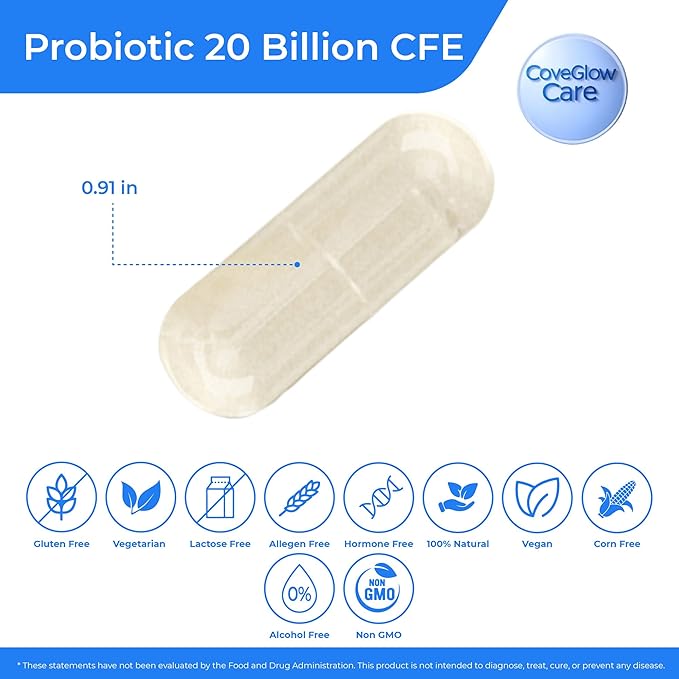 CoveGlow Probiotic 20 Billion-L. Acidophilus L. Rhamnosus &amp B. Lactis - Natural Digestive &amp Immune Support Formula in Vegetable Capsules