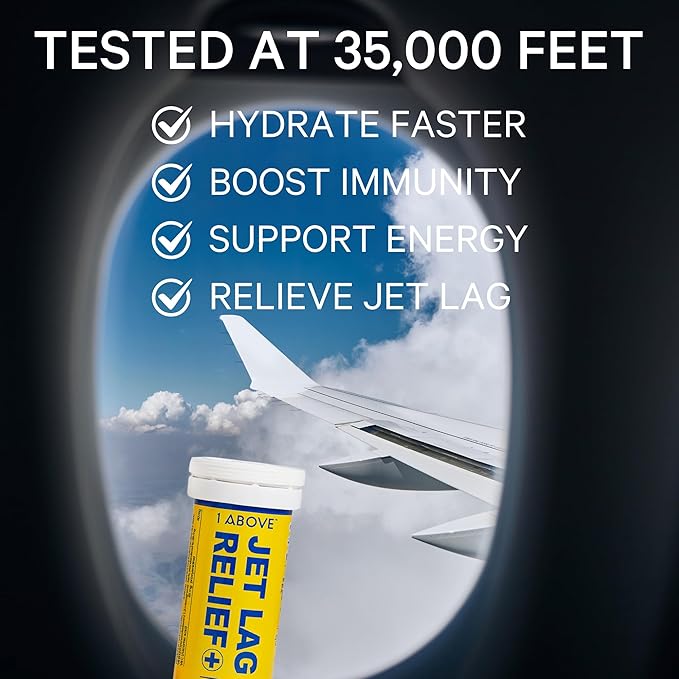 1ABOVE Jet Lag Relief Tablets - Citrus-Flavored Effervescent Multivitamin with Pycnogenol Travel Supplement for Hydration Energy Immune Support and Faster Recovery - Flight Essential 20 Tablets