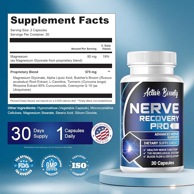 Nerve Recovery Pro – Nerve Support Supplement with Alpha Lipoic Acid Turmeric &amp Acetyl-L-Carnitine – Supports Healthy Nerve Function Circulation &amp Blood Flow – 30 Capsules - 1 Pack