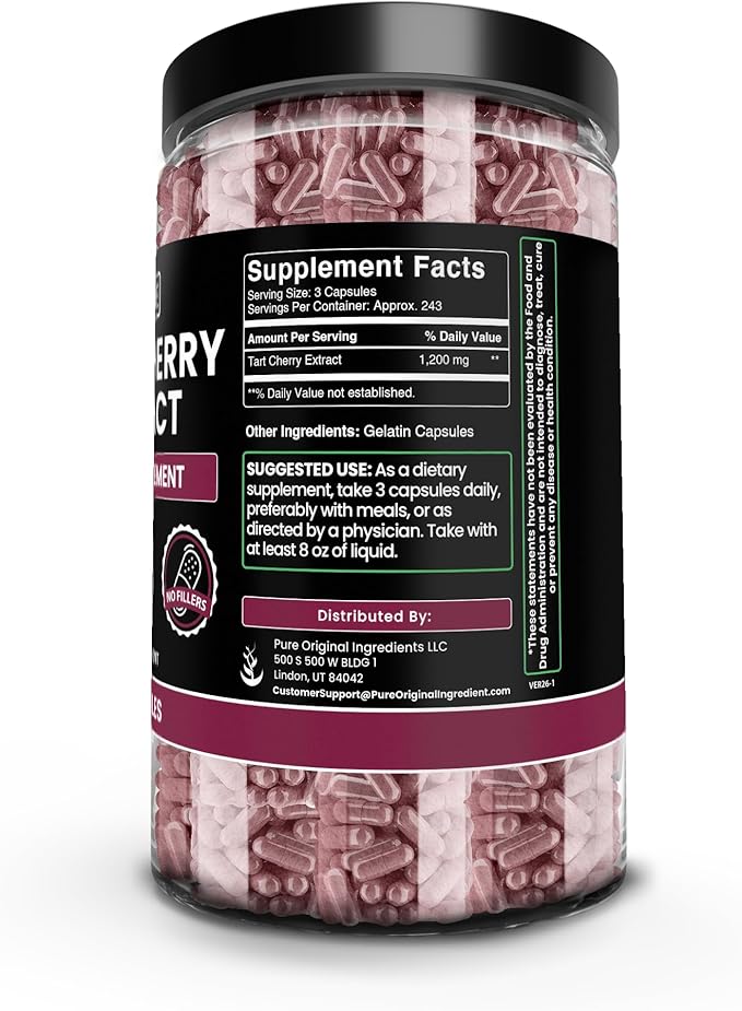 PURE ORIGINAL INGREDIENTS Tart Cherry Extract (730 Capsules) No Magnesium Or Rice Fillers Always Pure Lab Verified