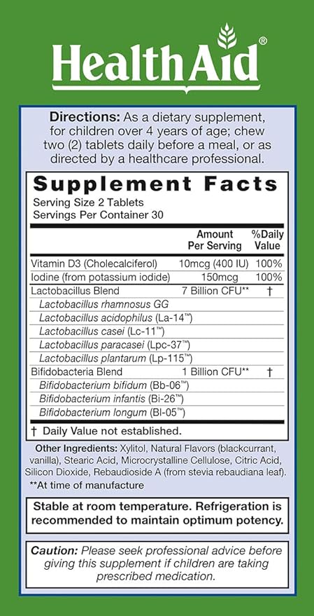 FocusProbio for Kidz 60 Chewable Tablets Supports Cognitive Function for Attention and Focus. Blackcurrant and Vanilla Flavor Contains Vitamin D &amp Iodine. Acid &amp Bile Resistant Strains. Veg