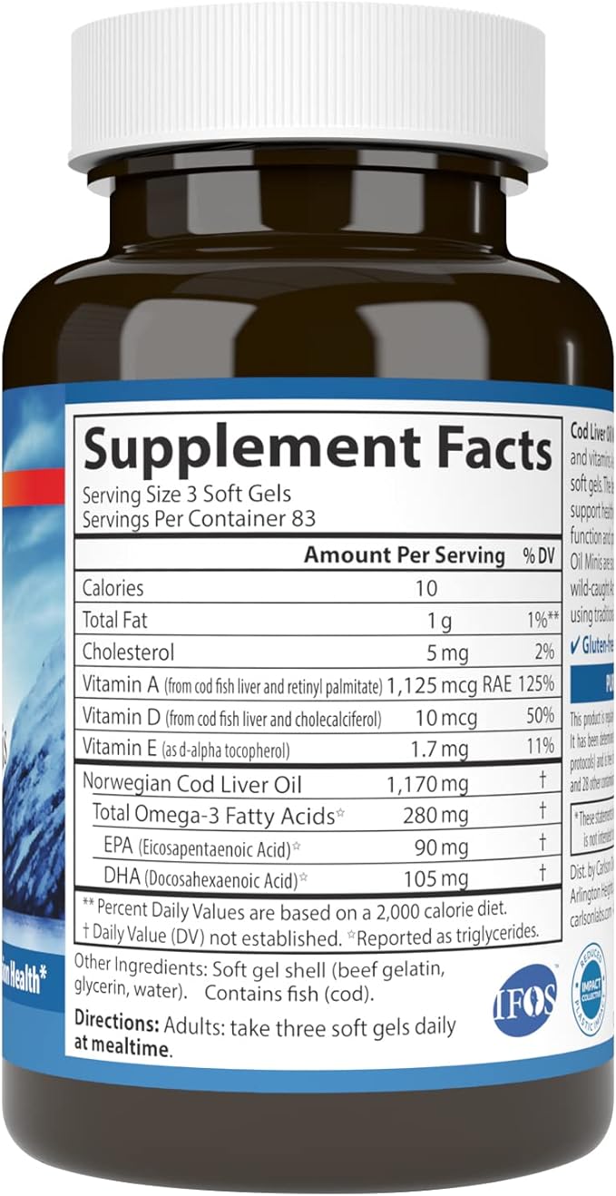 Carlson - Cod Liver Oil Minis 280 mg Omega-3s + Vitamins A &amp D3 Heart Support &amp Cognitive Function Vision Health 250 Mini Soft Gels