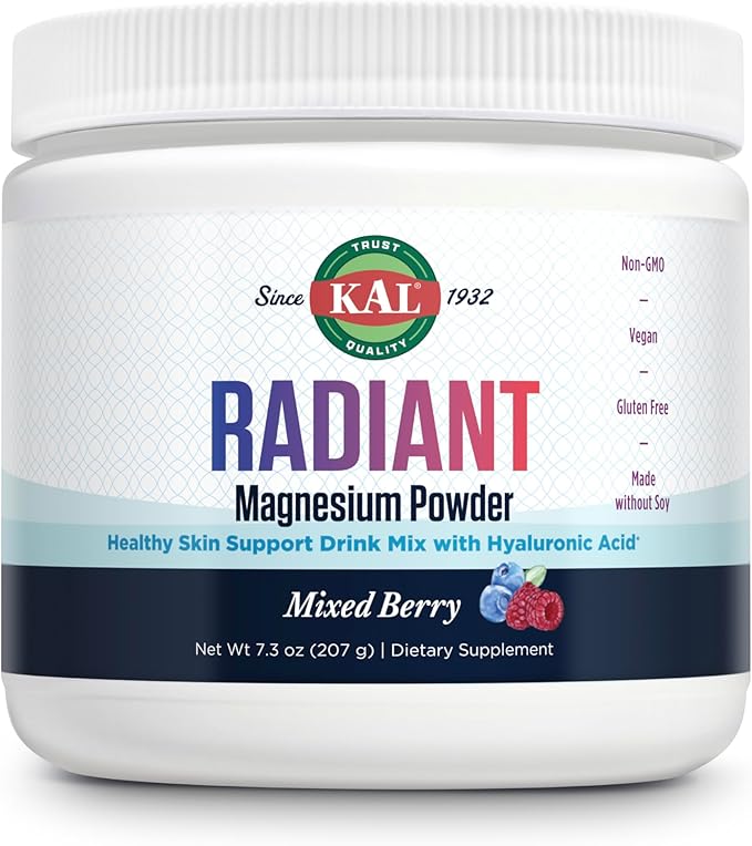 KAL Radiant Magnesium Powder Mixed Berry Flavor Hyaluronic Acid and Magnesium Supplement Skin &amp Antioxidant Support Sugar Free 60 Servings 7.3 OZ