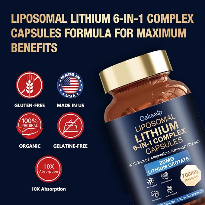 2 Pack Liposomal Lithium Orotate 20MG Capsules - Complex Magnesium GlycinateLions Mane Bacopa Phosphatidylserine &amp Ashwagandha for Mood &amp Immune Support Digestive System Support