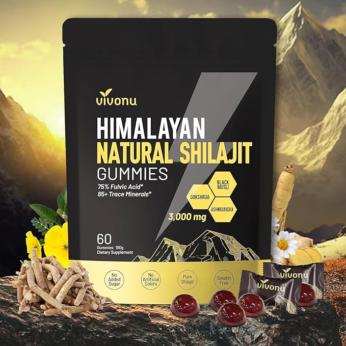 VivoNu Himalayan* Shilajit* Gummies with Ashwagandha* &amp Gokshura | 85+ Trace Minerals &amp Fulvic Acid | Organic Micronutrient Supplement for Men &amp Women (3000mg / 2 Bag)