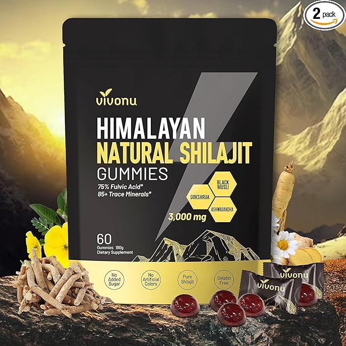 VivoNu Himalayan* Shilajit* Gummies with Ashwagandha* &amp Gokshura | 85+ Trace Minerals &amp Fulvic Acid | Organic Micronutrient Supplement for Men &amp Women (3000mg / 2 Bag)