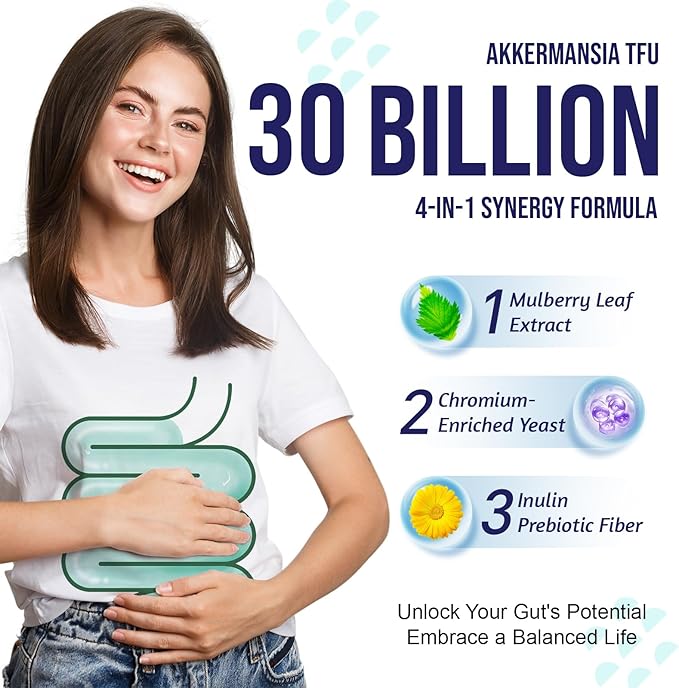 Akkermansia muciniphila 300 B TFU + Mulberry‑Leaf DNJ Extract + Chromium‑Enriched Yeast + Inulin Prebiotic – Vegan High‑Temp‑Stable Synbiotic for Health (30 Capsules)