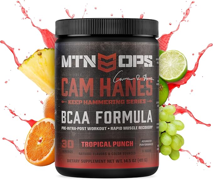 MTN OPS BCAA Powder 2:1:1 Amino Acids Supplement Powder for Rapid Muscle Recovery &amp Repair with Zero Sugar &amp Gluten Free - 30-Servings Tropical Punch Cameron Hanes Keep Hammering Series