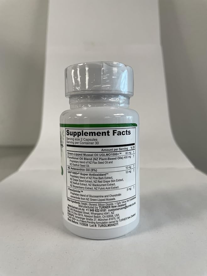 TURNER New Zealand Green Lipped Omega-3 Mussel Oil 53x Higher Potency with UAF1000+ Super Antioxidant. No Fishy Aftertaste 3 Bottles 180 Softgels