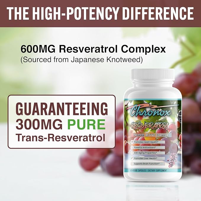 Chronox 600mg Resveratrol Supplement – Plant-Based Antioxidant from Polygonum Cuspidatum – Vegan Non-GMO Gluten-Free – 60 Capsules