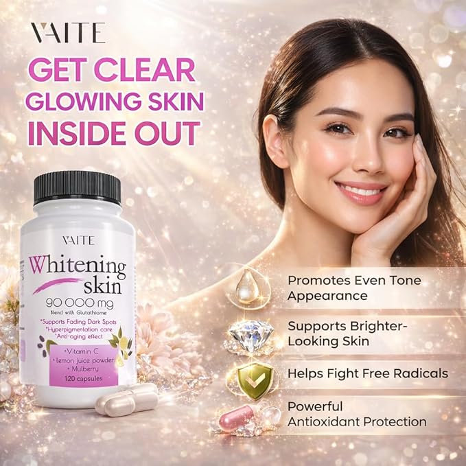 VAITE Glutathione Whitening Pills - Dark Spots &amp Acne Scar Remover - 90000mg - Vegan Skin Bleaching Pills with Anti-Aging &amp Antioxidant Effect - 120 Capsules