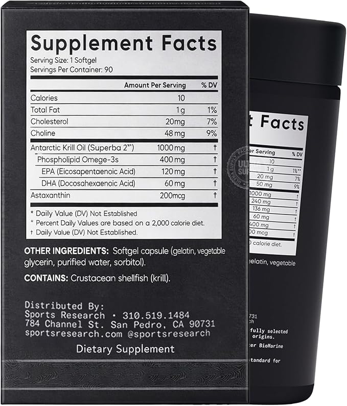 Sports_Researchs Omega-3 Krill Oil 1000mg Softgels (90 Count. Value Pack) with Phospholipids Choline &amp Astaxanthin from Antarctic Krill