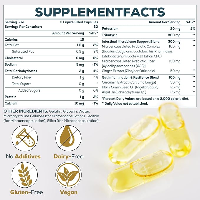 Tributyrin Supplement for Gut &amp Immune 800mg | High Bioavailability with Microencapsulated Probiotics &amp Prebiotics - Advanced Liquid-Filled Tributyrin Complex Gluten Free 180 Capsules