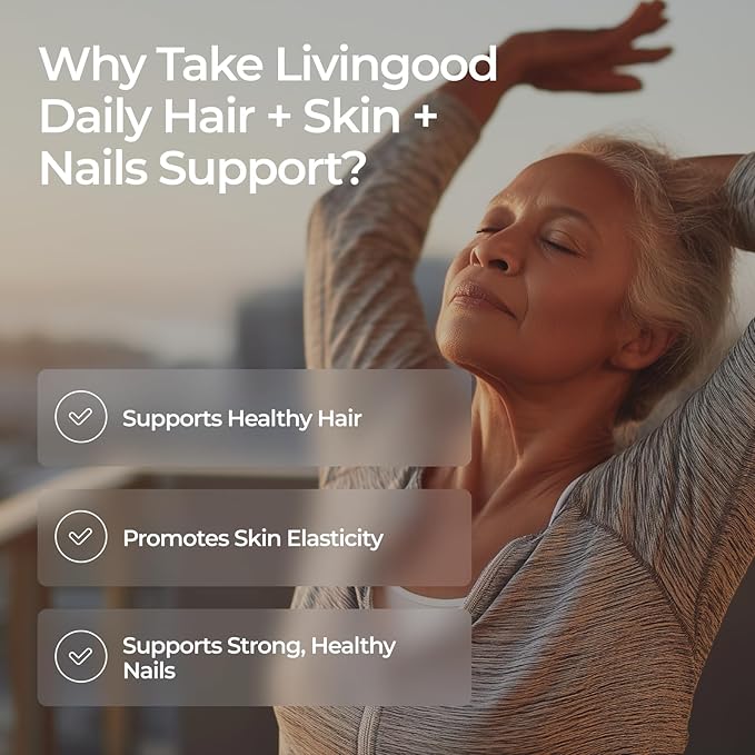 Livingood Daily Hair Skin &amp Nails Supplement 14-in-1 Formula with Biotin Collagen Keratin Bamboo Selenium Folate B12 Zinc and More Beauty Supplement for Women &amp Men Gluten Free 60