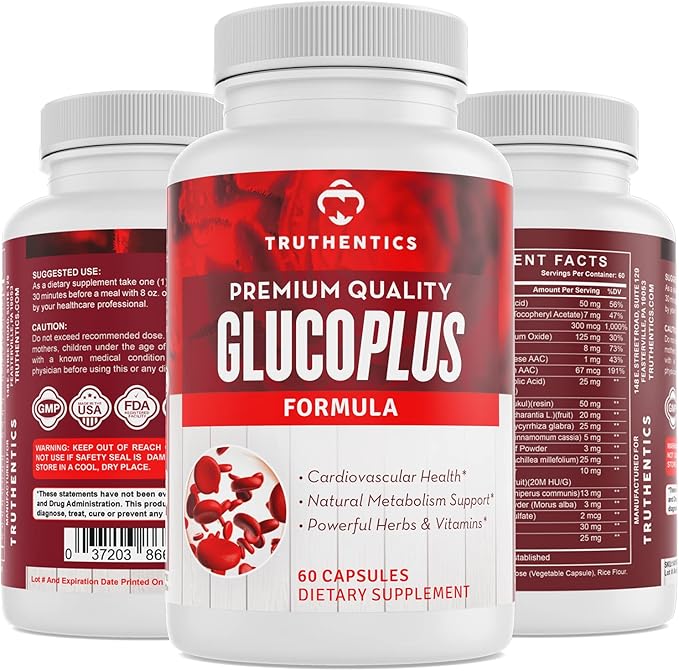 TRUTHENTICS GlucoPlus - 20 Herbs Vitamins &amp Minerals with Cinnamon Chromium Vanadium Bitter Melon Alpha Lipoic Acid Magnesium - Gluten Free Non-GMO - 60 Capsules