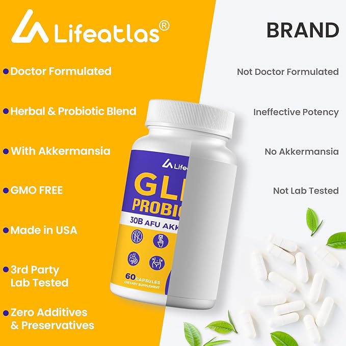 Lifeatlas GLP-l Supplement Probiotic | GLP-l with 30 Billion AFU Akkermansia Probiotic Akkermansia Probiotics for Women and Men Daily GLP-l Supplement 60 Caps