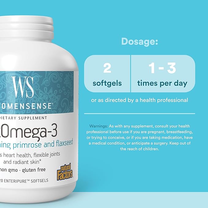 WomenSense by Natural Factors RxOmega-3 Fish Oil Supports a Healthy Heart and Joints with Primrose Oil Omega-3 DHA and EPA Gluten Free 120 softgels (60 servings)
