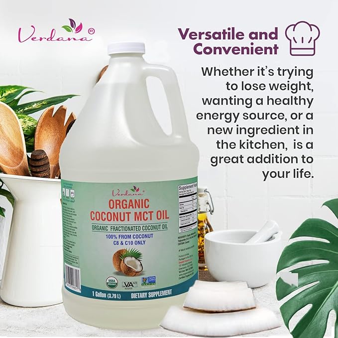 Verdana USDA Certified Organic Coconut MCT Oil –Fractionated Coconut Oil – No Palm Kernel Used – Kosher Food Grade Non-GMO – Great for Keto and Paleo Diets – 1Gallon