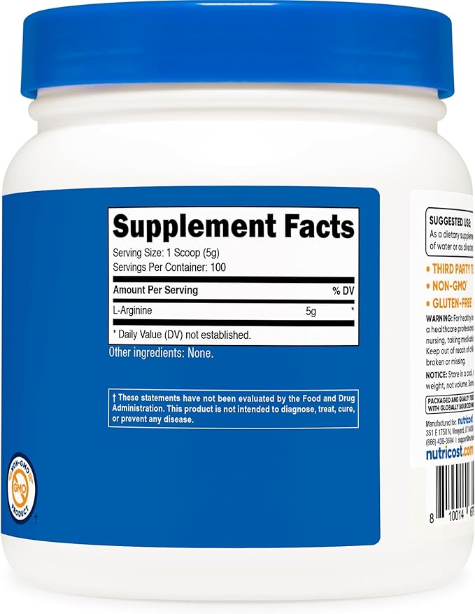 Nutricost L-Arginine Powder 500 Grams (1.1lbs) - Pure L-Arginine Powder - 5000mg Per Serving 100 Servings