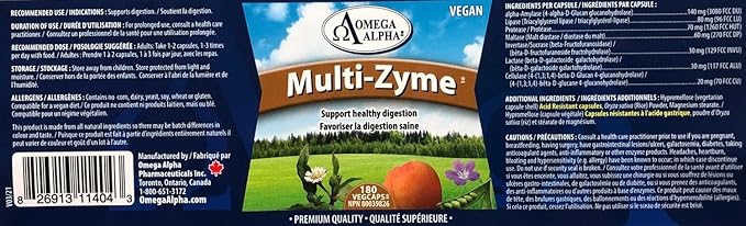 Omega Alpha Multi-Zyme Digestive Enzyme-180 Capsules
