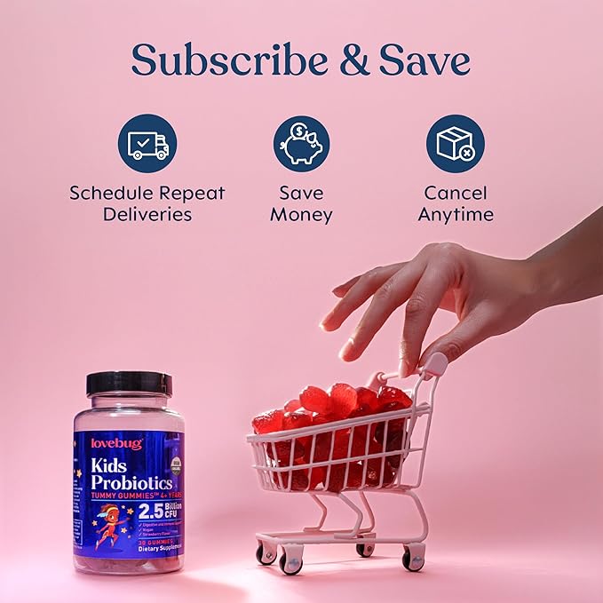 LOVEBUG Kids Probiotic Gummies – Organic Chewable Probiotics for Kids Aged 4+ Soil-Based Children’s Probiotic for Gut Health Constipation Digestive &amp Immune Support Vegan 30 Chews Strawberry