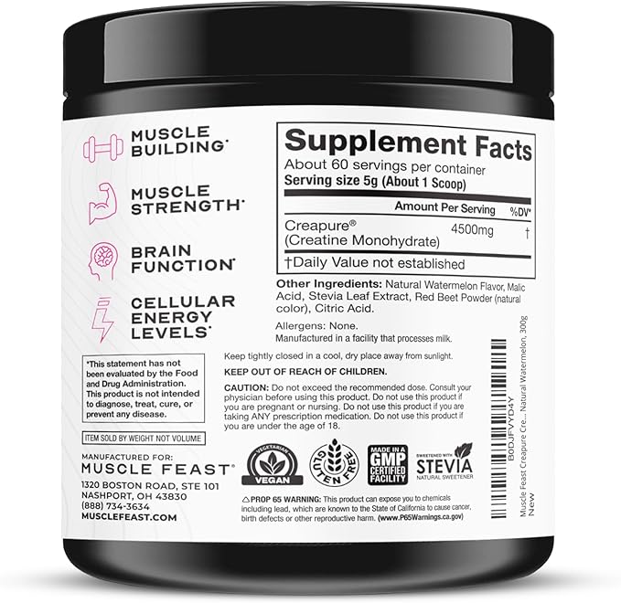 Muscle Feast Creapure Creatine Monohydrate Powder Vegan Keto Friendly Gluten-Free Easy to Mix Muscle Recovery Supplement Creatine for Muscle Growth Flavored Creatine Natural Watermelon 300g