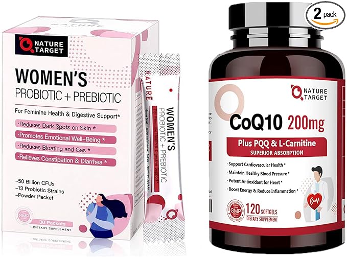 NATURE TARGET Probiotics Powder Supplement for Women &amp CoQ10-200mg with PQQ L-Carnitine &amp Omega-3s High Absorption