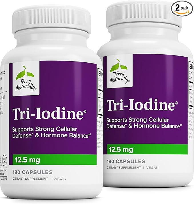Terry Naturally Tri-Iodine - Aid Thyroid Health with Potassium Iodide &amp Sodium Iodide - Aids Hormone Balance with Molecular Iodine from Kelp - Brain &amp Energy Support - 12.5mg 180 Capsules (Pa