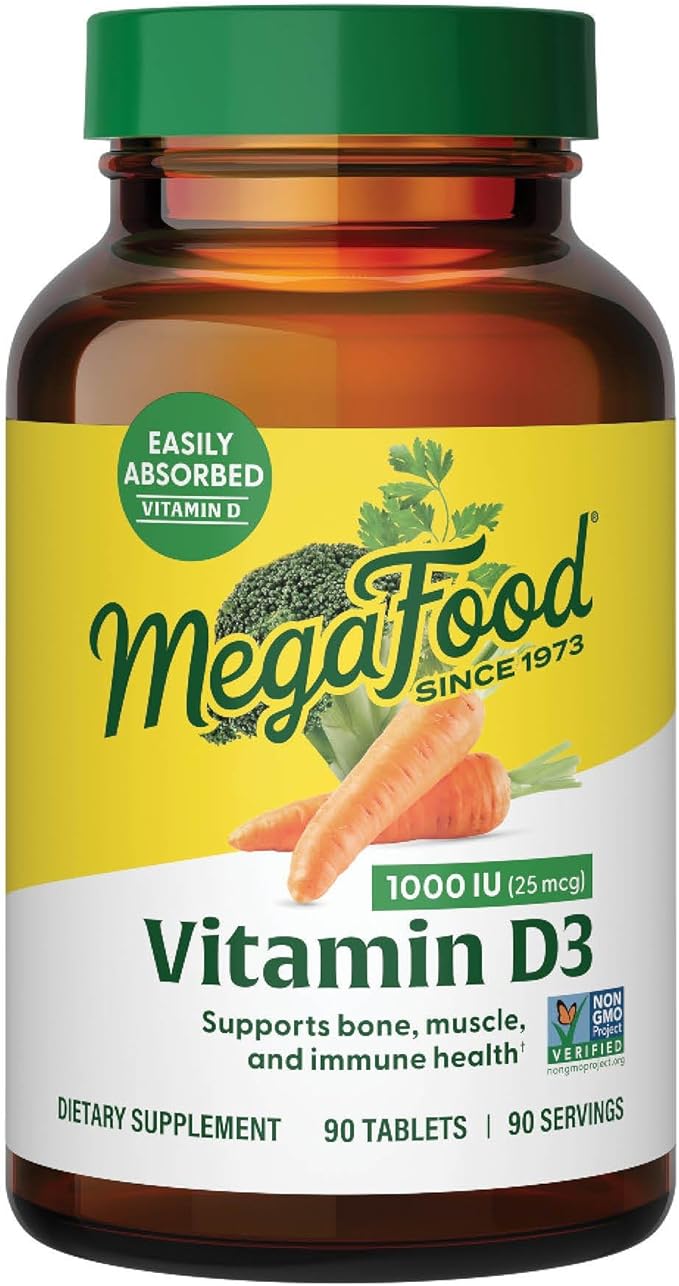 MegaFood Vitamin D3 1000 IU (25 mcg) - Vitamin D Supplements with Real Food Immune Support Supports Bones Teeth &amp Muscles Vegetarian Gluten-Free Non-GMO Kosher – 90 Tablets 90 Servings