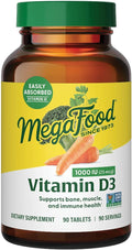 MegaFood Vitamin D3 1000 IU (25 mcg) - Vitamin D Supplements with Real Food Immune Support Supports Bones Teeth &amp Muscles Vegetarian Gluten-Free Non-GMO Kosher – 90 Tablets 90 Servings