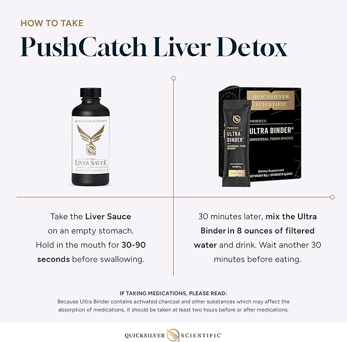 Quicksilver Scientific PushCatch Liver Detox Cleanse - 2 Piece Kit with Ultra Binder (Packets) &amp Liver Sauce (Liver Support Supplement with Milk Thistle Extract) to Support GI Detox &amp Toxin Bi
